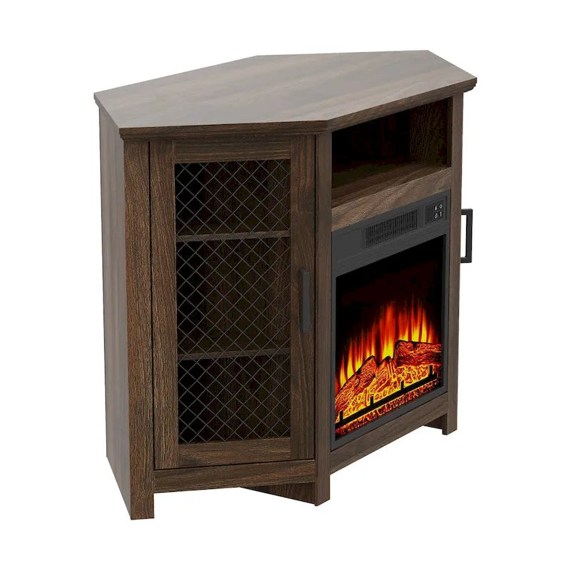 45 Industrial Corner Electric Fireplace TV Stands with 2 Metal Mesh Doors and Remote