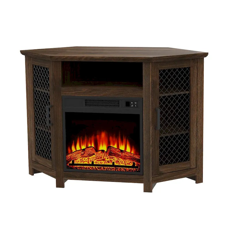 45 Industrial Corner Electric Fireplace TV Stands with 2 Metal Mesh Doors and Remote