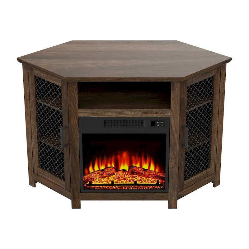 45 Industrial Corner Electric Fireplace TV Stands with 2 Metal Mesh Doors and Remote