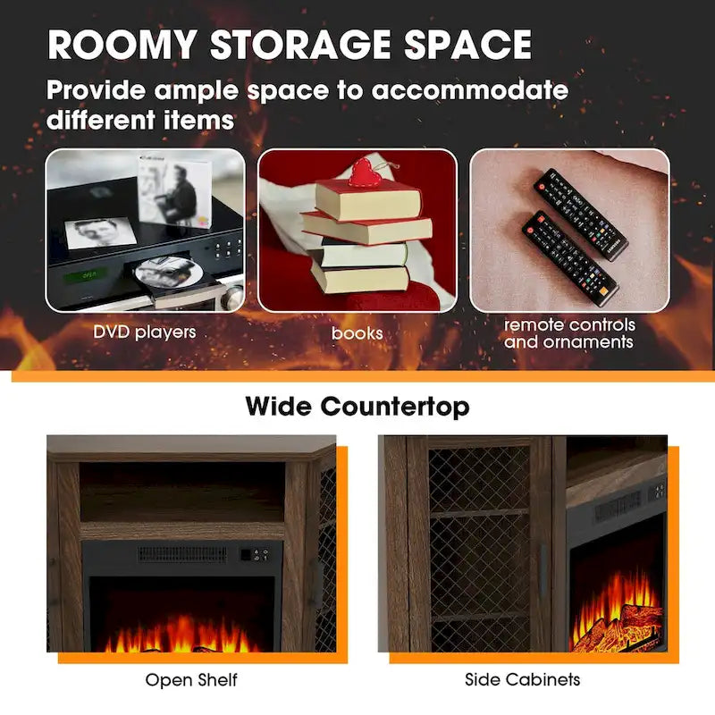 45 Industrial Corner Electric Fireplace TV Stands with 2 Metal Mesh Doors and Remote