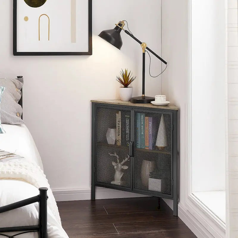 Javlergo Corner Table Modern Triangle 3-tier Storage Shelf with 2 Doors for Living Room Bedroom Office