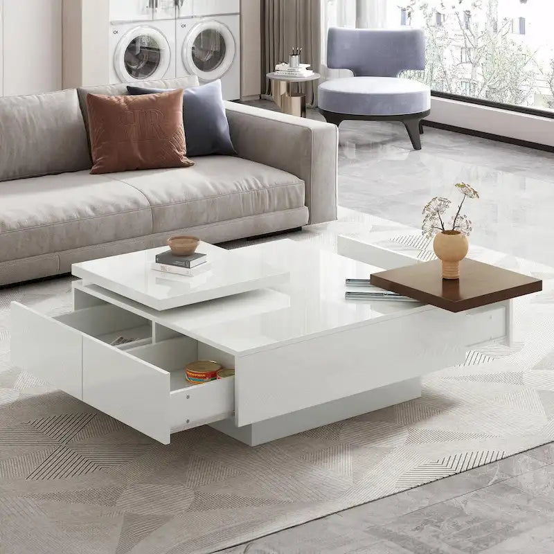 Modern Square Wood Coffee Table with Movable Top and 4 Hidden Storage Drawers