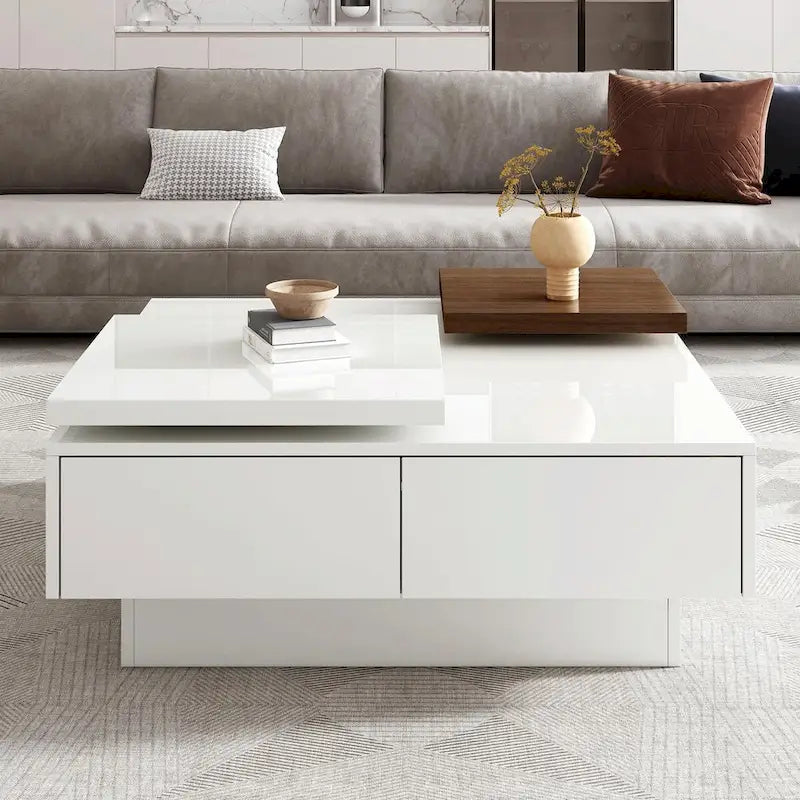 Modern Square Wood Coffee Table with Movable Top and 4 Hidden Storage Drawers