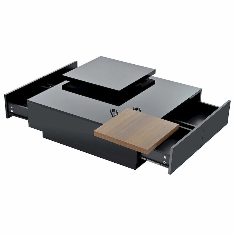 Modern Square Wood Coffee Table with Movable Top and 4 Hidden Storage Drawers