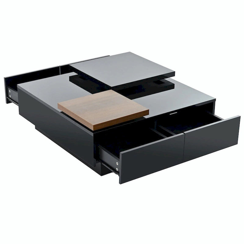 Modern Square Wood Coffee Table with Movable Top and 4 Hidden Storage Drawers