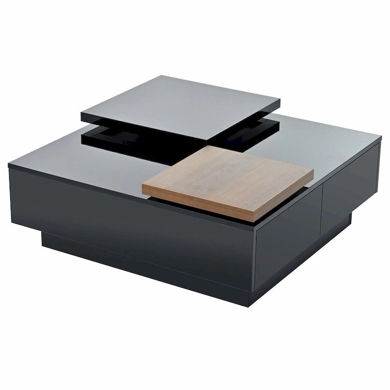 Modern Square Wood Coffee Table with Movable Top and 4 Hidden Storage Drawers