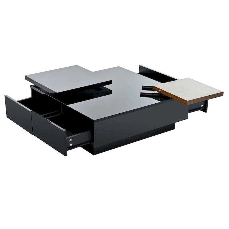 Modern Square Wood Coffee Table with Movable Top and 4 Hidden Storage Drawers