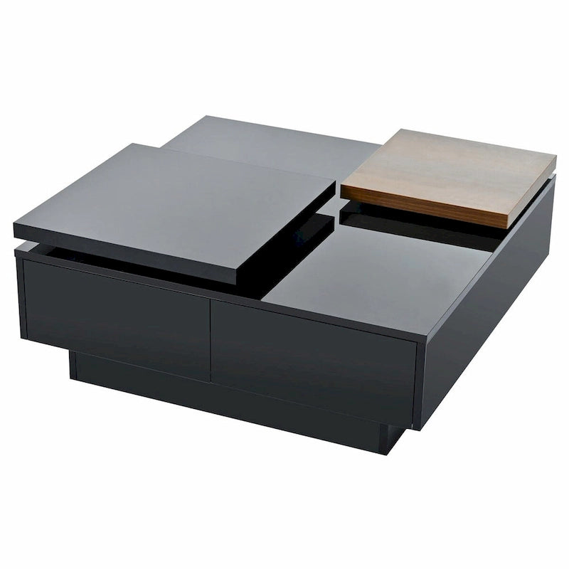 Modern Square Wood Coffee Table with Movable Top and 4 Hidden Storage Drawers