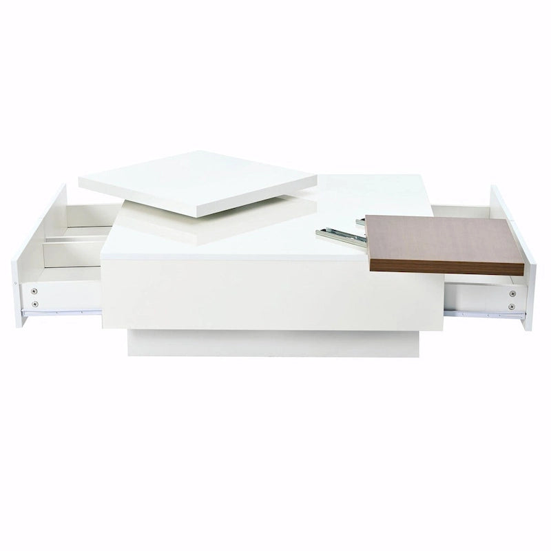 Modern Square Wood Coffee Table with Movable Top and 4 Hidden Storage Drawers
