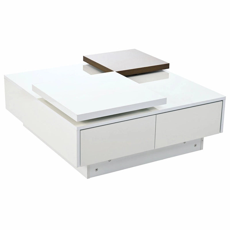 Modern Square Wood Coffee Table with Movable Top and 4 Hidden Storage Drawers