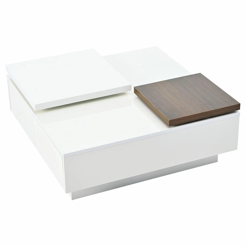 Modern Square Wood Coffee Table with Movable Top and 4 Hidden Storage Drawers