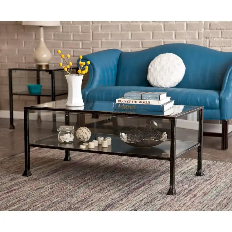 43 Black Glass And Metal Rectangular Coffee Table - 18.5 H x 42.5 W x 21 D