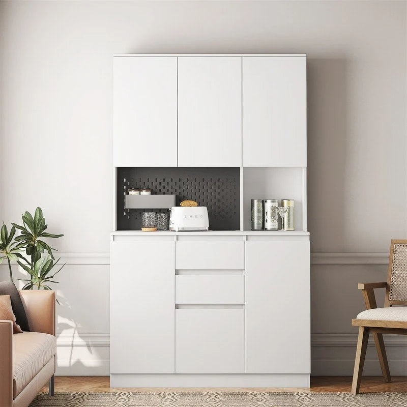 Kitchen Pantry Cabinet with Microwave Stand and 2 Drawers, Freestanding Buffet Cupboards Sideboard with Charging Station