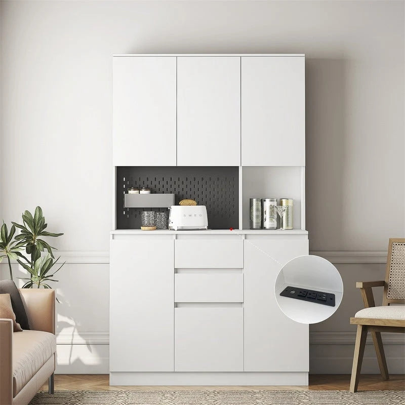 Kitchen Pantry Cabinet with Microwave Stand and 2 Drawers, Freestanding Buffet Cupboards Sideboard with Charging Station