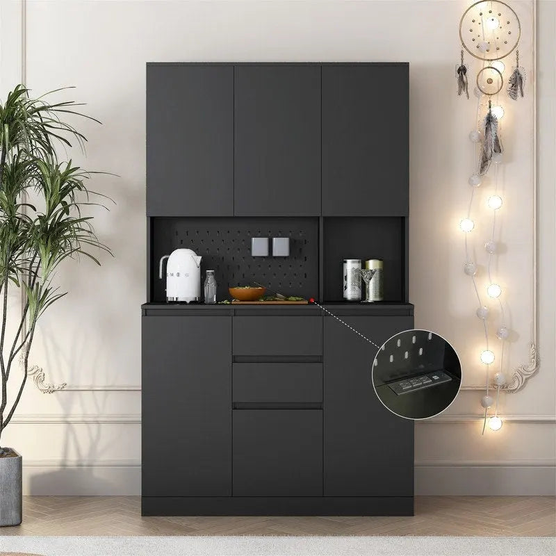 Kitchen Pantry Cabinet with Microwave Stand and 2 Drawers, Freestanding Buffet Cupboards Sideboard with Charging Station