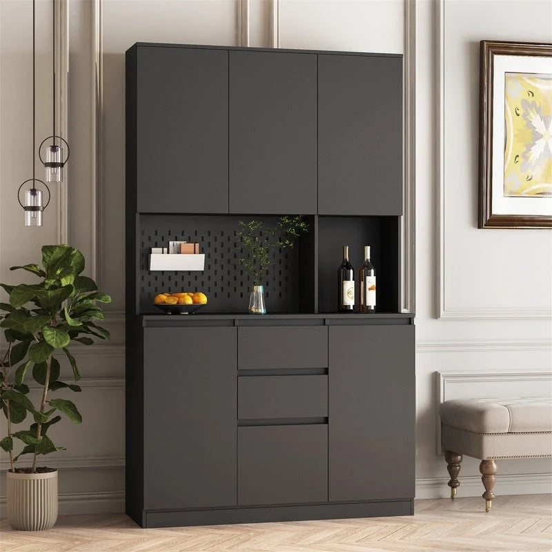 Kitchen Pantry Cabinet with Microwave Stand and 2 Drawers, Freestanding Buffet Cupboards Sideboard with Charging Station