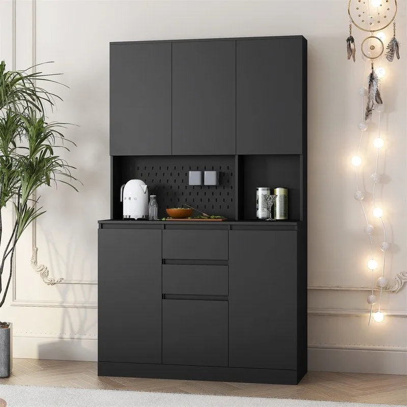 Kitchen Pantry Cabinet with Microwave Stand and 2 Drawers, Freestanding Buffet Cupboards Sideboard with Charging Station