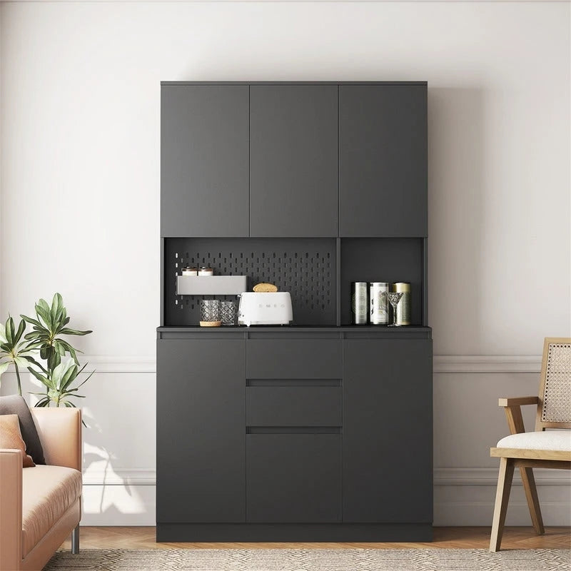 Kitchen Pantry Cabinet with Microwave Stand and 2 Drawers, Freestanding Buffet Cupboards Sideboard with Charging Station