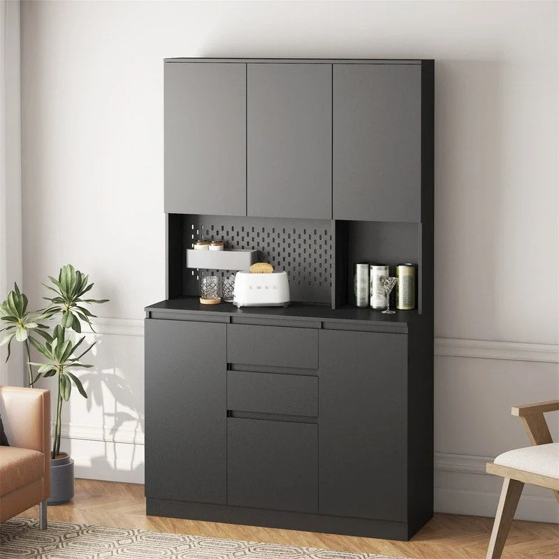 Kitchen Pantry Cabinet with Microwave Stand and 2 Drawers, Freestanding Buffet Cupboards Sideboard with Charging Station