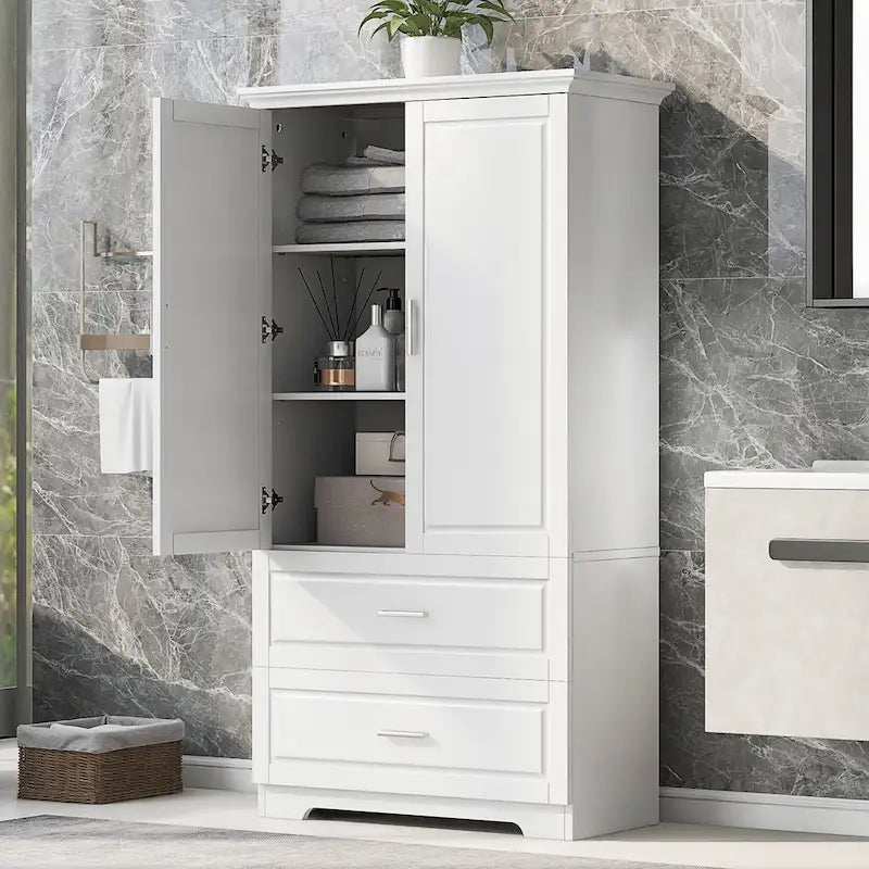 Tall Bathroom Storage Cabinet with 2 Doors, 2 Drawers & Adjustable Shelf