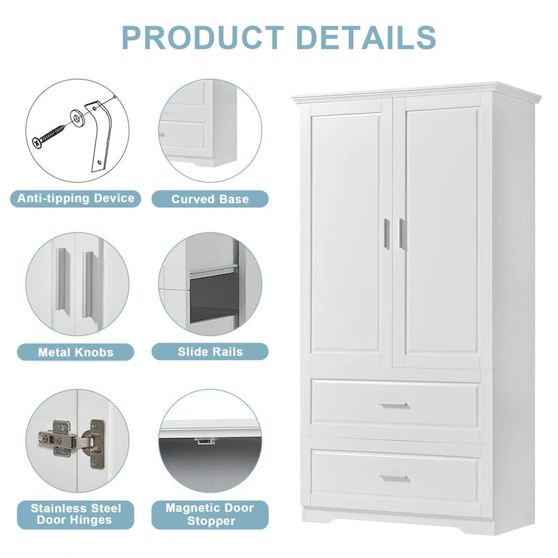 Tall Bathroom Storage Cabinet with 2 Doors, 2 Drawers & Adjustable Shelf