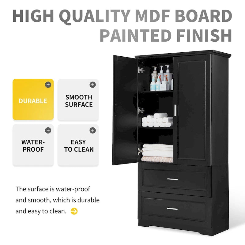 Tall Bathroom Storage Cabinet with 2 Doors, 2 Drawers & Adjustable Shelf
