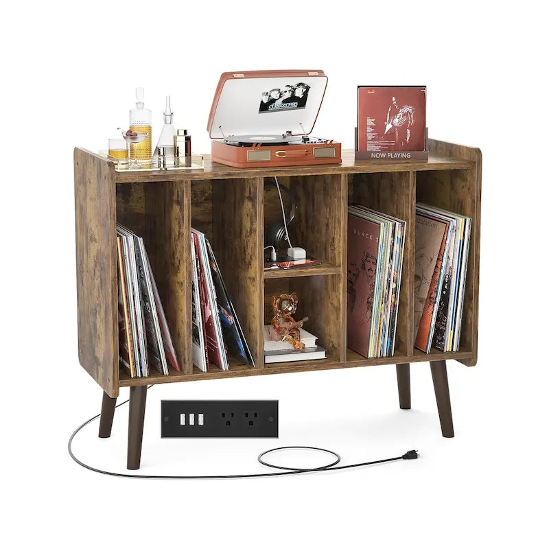 Record Player Stand with Power Outlet and USB Ports, Vinyl Record Storage Table,Vinyl Holder Display Shelf