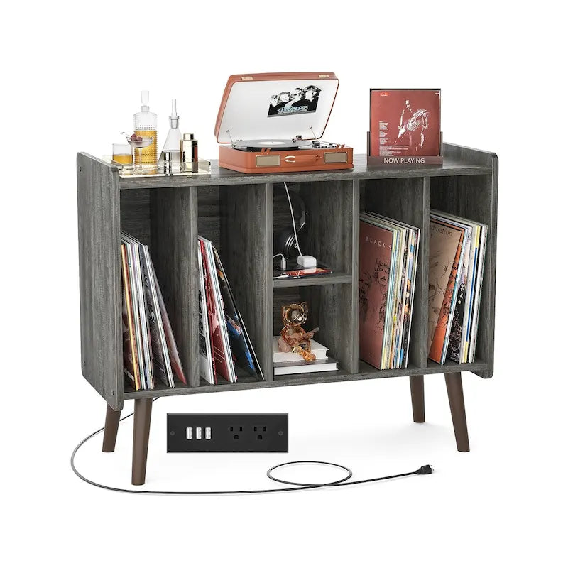 Record Player Stand with Power Outlet and USB Ports, Vinyl Record Storage Table,Vinyl Holder Display Shelf