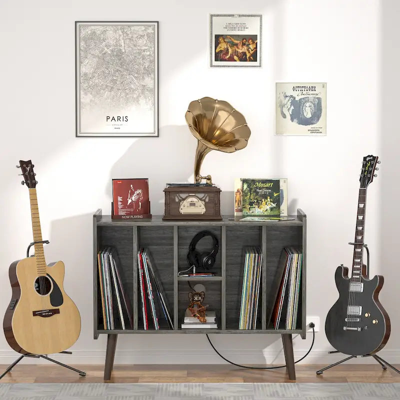 Record Player Stand with Power Outlet and USB Ports, Vinyl Record Storage Table,Vinyl Holder Display Shelf