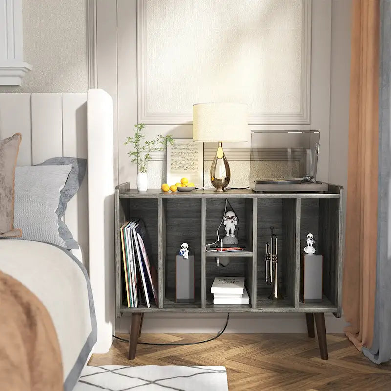 Record Player Stand with Power Outlet and USB Ports, Vinyl Record Storage Table,Vinyl Holder Display Shelf