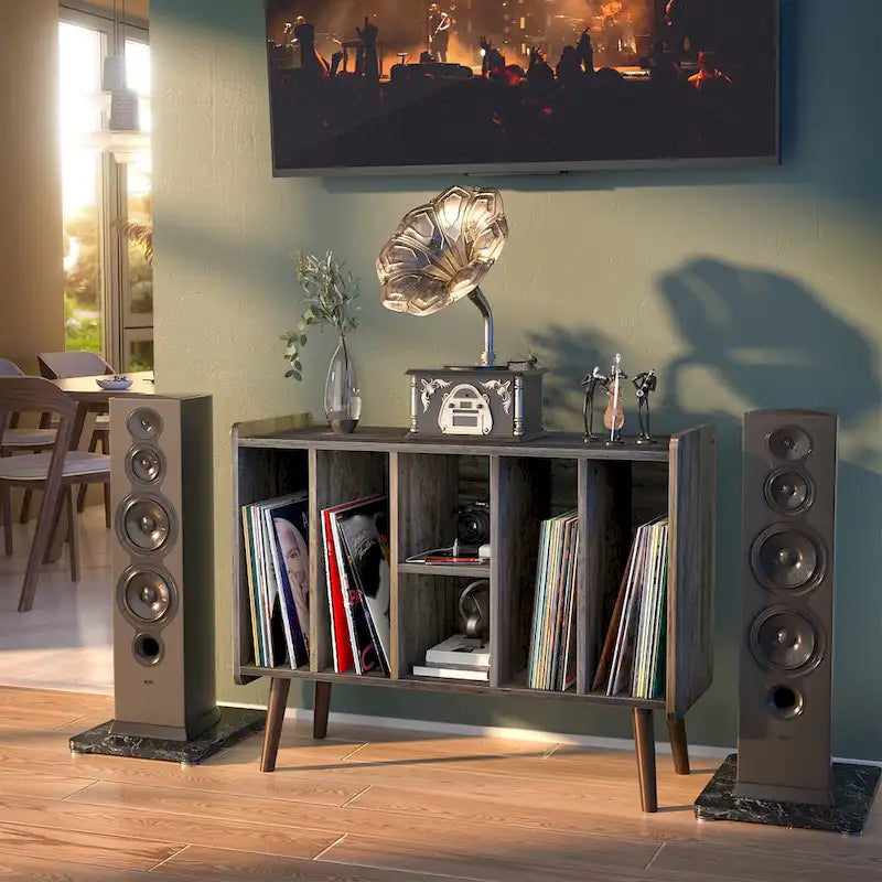 Record Player Stand with Power Outlet and USB Ports, Vinyl Record Storage Table,Vinyl Holder Display Shelf