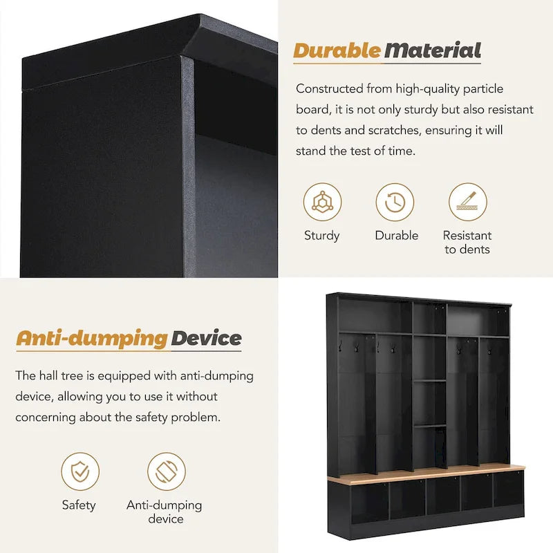 Wide Design Hall Tree with Storage Bench,Multifunctional Coat Rack with 8 Hooks for Entryways, Mudroom