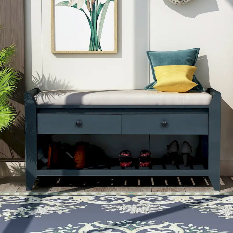 Shoe Rack with Cushioned Seat and Drawers, Multipurpose Entryway Storage Bench