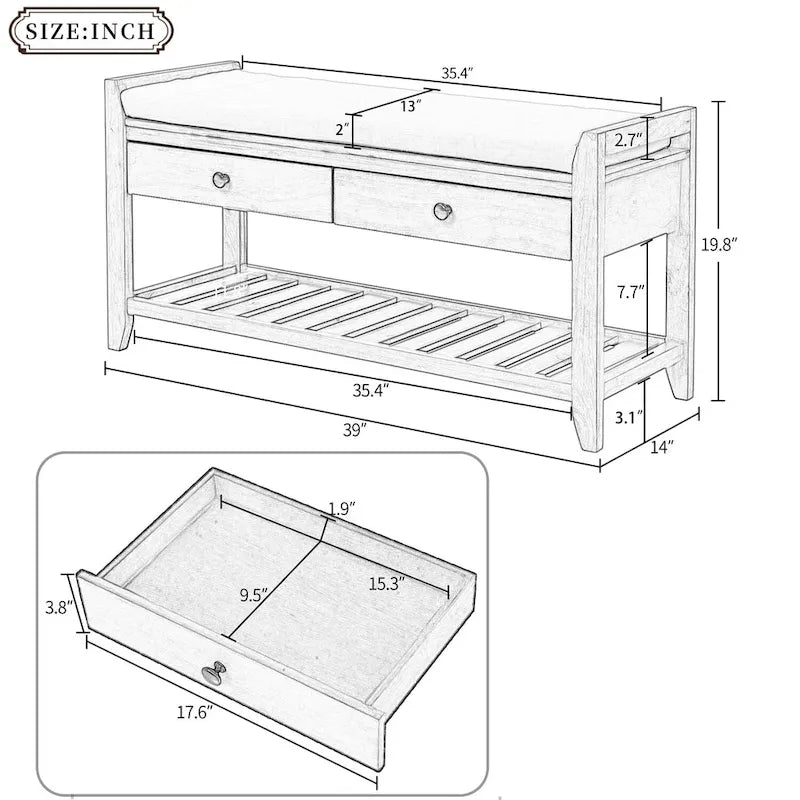 Shoe Rack with Cushioned Seat and Drawers, Multipurpose Entryway Storage Bench