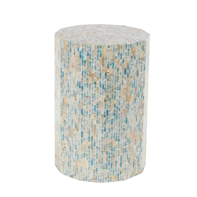 Mother of Pearl Shell Handmade Mosaic Inlay Drum Side End Accent Table - Blue - Roche River Decor