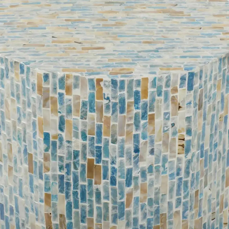Mother of Pearl Shell Handmade Mosaic Inlay Drum Side End Accent Table - Blue - Roche River Decor